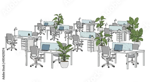 A modern office interior with a flat 2D layout featuring multiple workstations, desks with laptops, office chairs, and potted plants, set against a clean white background with ample copy space.