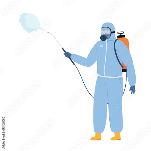 An illustration of a worker in a protective suit using a sprayer to apply toxic pesticides to pests indoors.