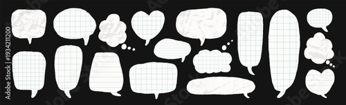 Crumpled grid paper text boxes speech bubbles. Cutout dialogue collage stickers. Blanks chat school wrinkled messages set. Scrapbook vector tear angular talks tags comic cut out isolated no bg.