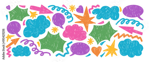 Crayon speech bubbles, bangs, cloud and geometric shapes. Abstract irregular pastel figures. Charcoal arrow, freeform elements, stars and heart form. Vector design brush set isolated no background.