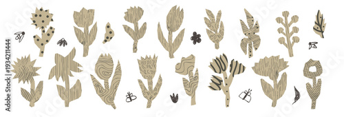 Flower craft paper cutouts symbols. Daisy doodle line textures pattern stickers. Scrapbook summer naive doodle torn elements for fun scrawl design. Vector scribble collage isolated no bg.