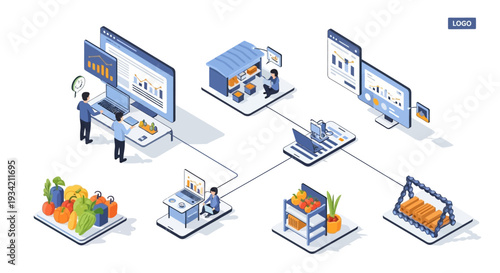Isometric illustration of a comprehensive supply chain and business process, showing farming, data management, retail, warehousing, and production.