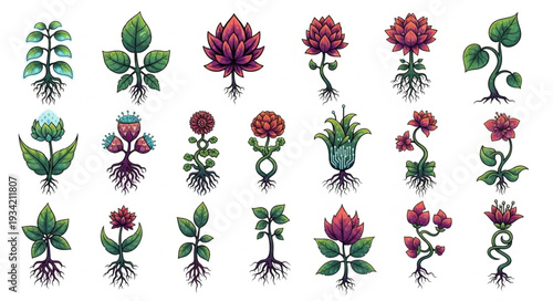 Pixelated floral collection featuring diverse plant species with intricate root systems and vibrant blooms.