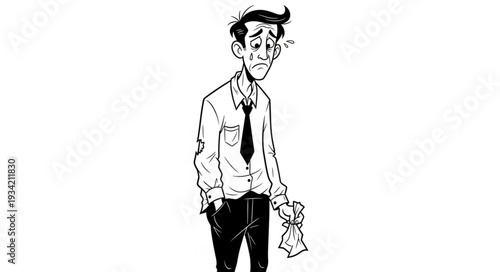 Depressed man in formal attire with a handkerchief looking down in despair.