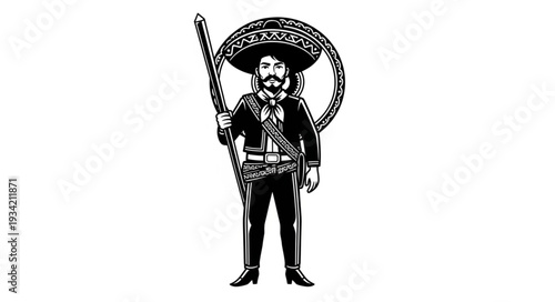 Mexican Charro in Traditional Attire Holding Rifle, Black and White Illustration.