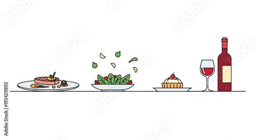 Flat 2D illustration of a horizontal cooking pattern featuring a plate of food, a salad, a dessert, and a wine bottle with a glass, against a clean white background.