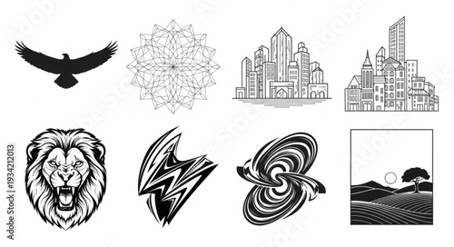Collection of various black and white illustrations featuring diverse subjects and themes.
