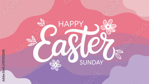 Easter sunday celebration with happy easter text and floral designs on colorful background