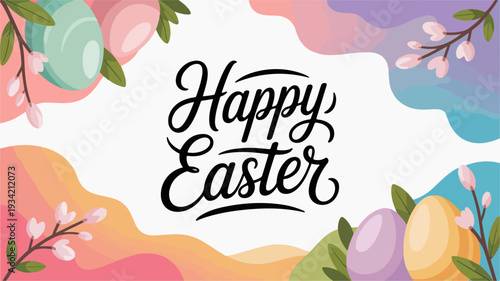 Happy easter greeting card with colorful eggs and blossoms on white background