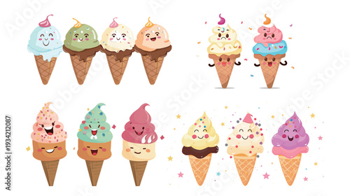 Happy ice cream cones vector illustration with clean shapes, colorful dessert flat design