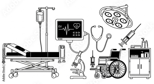 Medical equipment illustration depicting healthcare and surgical tools in a hospital setting.