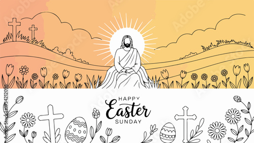 Easter sunday illustration with jesus christ sitting in a field of flowers and eggs with a cross sunny background