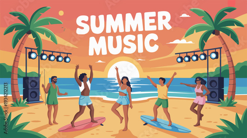 Friends dancing on surfboards at vibrant summer music festival by ocean at sunset