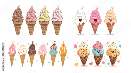 Happy ice cream cones vector illustration with clean shapes, colorful dessert flat design