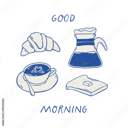 Good morning lettering quote decorated with coffee monochrome doodles for retro posters, banners, prints, wallpapers, cards, etc. EPS 10