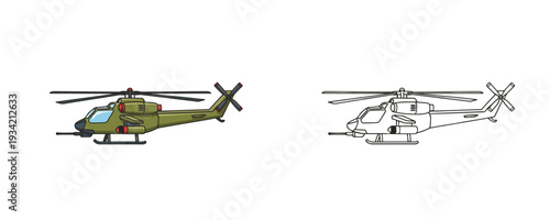 Military attack helicopter presented in cartoon colored and line art styles with olive green and black colors used for aviation gaming assets or children educational design