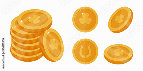 A collection of illustrations with shiny gold coins with a clover emblem. A symbol of good luck, prosperity, and wealth for celebrating St. Patricks Day. Graphic design elements.