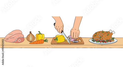 A person's hands cutting a yellow pepper on a wooden cutting board with various food items arranged on a kitchen counter in a flat 2D pattern.