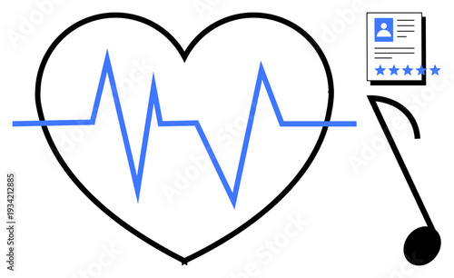 Heartbeat line inside a heart shape paired with a resume featuring star ratings and a musical note. Ideal for themes thumbs up health, creativity, resumes, music, rating systems, job applications