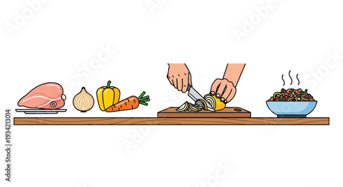 A flat 2D illustration of a person cooking with various ingredients on a horizontal kitchen countertop.