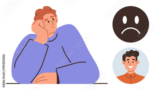 Mental health, emotions, decision-making, mood swings, depression awareness, personal reflection. A man sits pensively while happy and sad faces emotions. Mental health and emotions concept