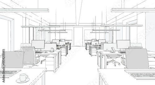 A modern office interior with a horizontal layout, featuring rows of desks with computers and a cup of coffee on one desk, captured in a flat 2D line drawing style with ample copy space.