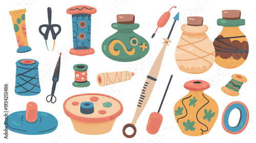 Handmade craft icons set with scissors thread spool needle button and paint brush, flat clean vector illustration