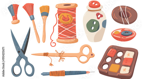 Handmade craft icons set with scissors thread spool needle button and paint brush, flat clean vector illustration