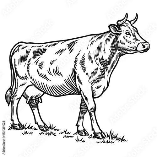 Dairy cow black and white vector illustration in vintage engraving style. Detailed farm cow hand-drawn line art with bold contour lines. Isolated on white background.
