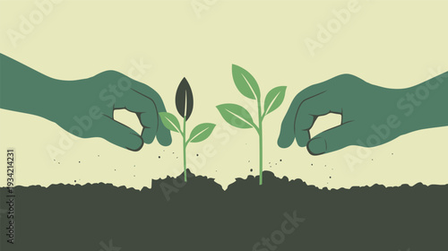 Hands planting sapling vector illustration, eco-themed environmental conservation flat design