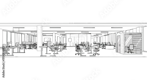 A modern office interior with a flat 2D layout, featuring a spacious open area with multiple workstations and a staircase, set against a clean white background with ample copy space in a horizontal