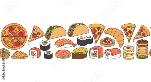 Flat 2D pattern of various foods including sushi, pizza, tacos, and cooking ingredients on a white background in a horizontal layout.