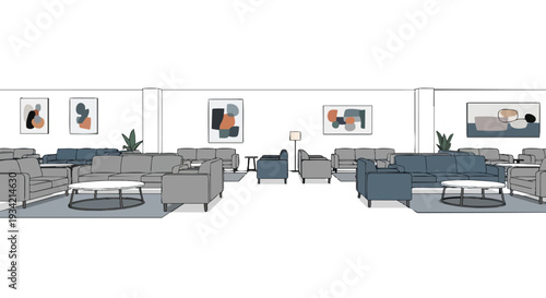 A modern office interior with a horizontal layout, featuring a spacious seating area and a large copy space on a flat 2D background.