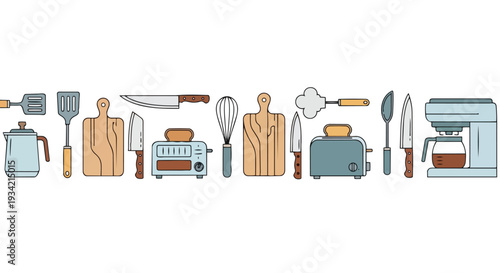 Flat 2D pattern of various horizontal cooking utensils and kitchen tools on a white background