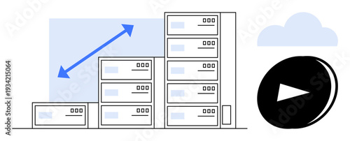 Data storage, scalability, cloud computing, digital transformation, IT solutions, technology infrastructure. Visual includes servers, growth arrow cloud and play button. Data storage