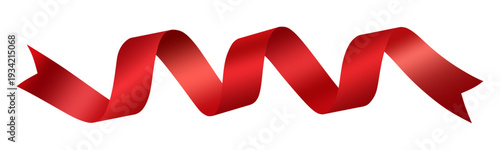vector illustration: shiny christmas red ribbon band in wavy curled shape isolated on white or transparent png