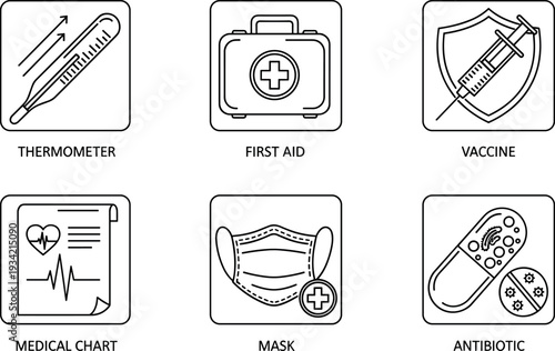 Healthcare medical vector icon set with thermometer first aid vaccine mask antibiotic and report symbols