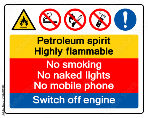 Petroleum Spirit Highly Flammable No Smoking Or Naked Light Symbol Sign, Vector Illustration, Isolate On White Background Label. EPS10