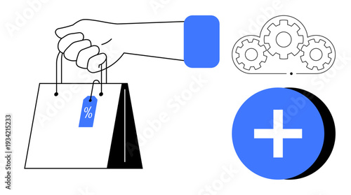 E-commerce concept. E-commerce with a shopping bag, percent tag for discounts, and gear cloud for functionality. E-commerce enhances retail, technology, and customer experiences. Ideal for online