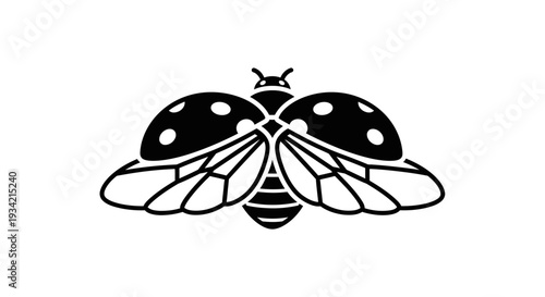 Stylized Ladybug with Open Wings in Black and White.