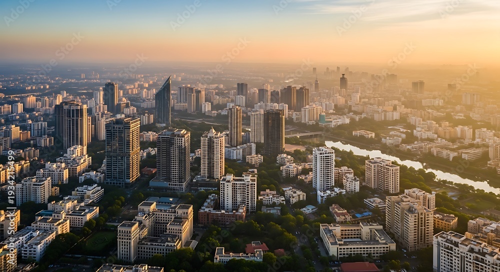 Fototapeta premium Dramatic City Skyline at Sunset Over Modern High Rise Buildings