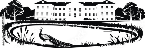 Black silhouette of a large mansion and garden pond with a peacock, vintage palace estate landscape, luxury building isolated on white background.