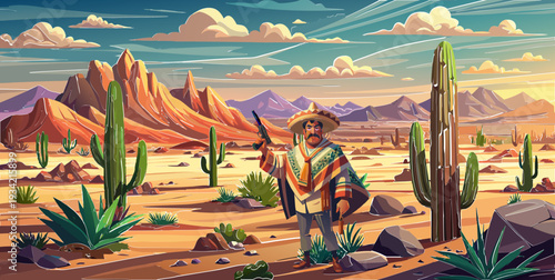 Bolivar, Mexican, gangster, revolutionary, extremist, emigrant, weapon, hat, poncho, revolver, dream