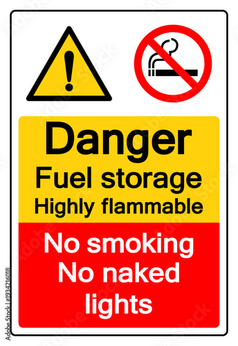 Danger Fuel Storage Highly Flammable No Smoking Or Naked Light Symbol Sign, Vector Illustration, Isolate On White Background Label. EPS10