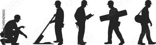 Black silhouette of construction workers set on white background, group of builders working with tools, engineer, architect, and laborer in safety gear.