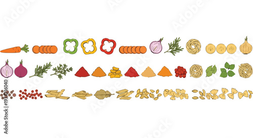 Flat 2D pattern of colorful cooking ingredients in a horizontal arrangement on a white background.