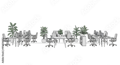 A modern office interior featuring a row of desks with office chairs and computers, set against a flat 2D background with copy space and potted plants, in a horizontal layout.