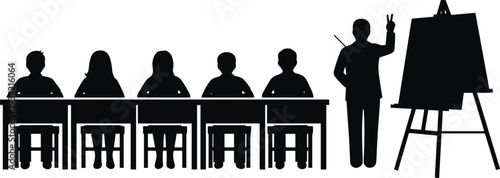 Black silhouette of a teacher standing by an easel and students sitting at desks in a classroom, education and school learning concept.