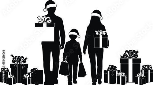 Black silhouette of family wearing Santa hats holding gifts, parents and child with Christmas presents and shopping bags, holiday season celebration concept.