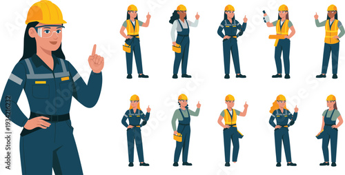 Diverse female industrial worker set, women engineers in safety uniforms and hard hats, professional technicians pointing and posing for construction and engineering